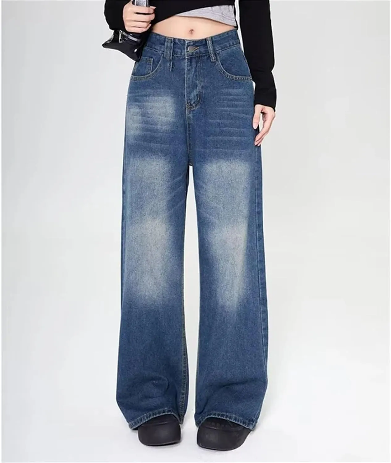 Mens Casual Baggy High Waist Jeans Vintage Style Straight Wide Leg Jeans with Pockets