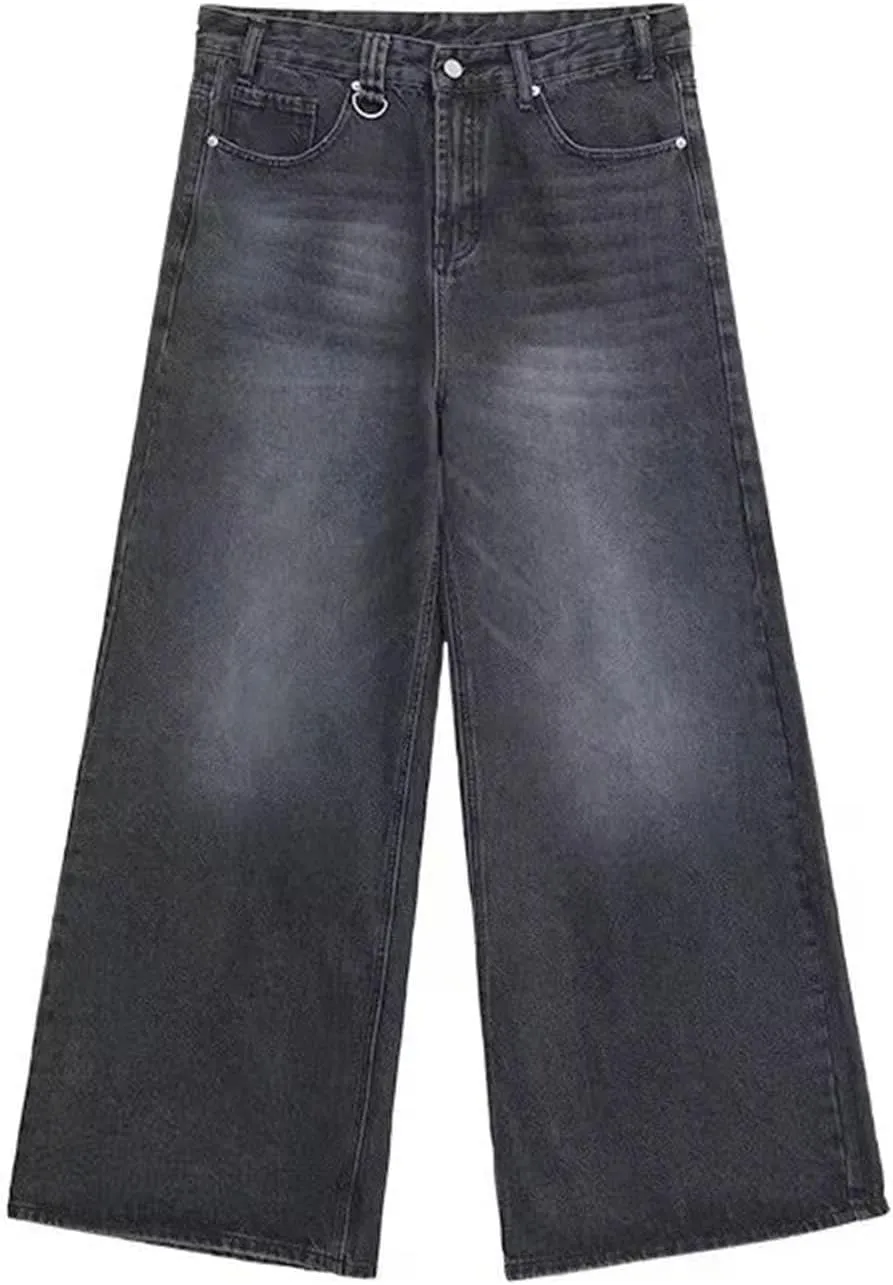 Mens Casual Baggy High Waist Jeans Vintage Style Straight Wide Leg Jeans with Pockets