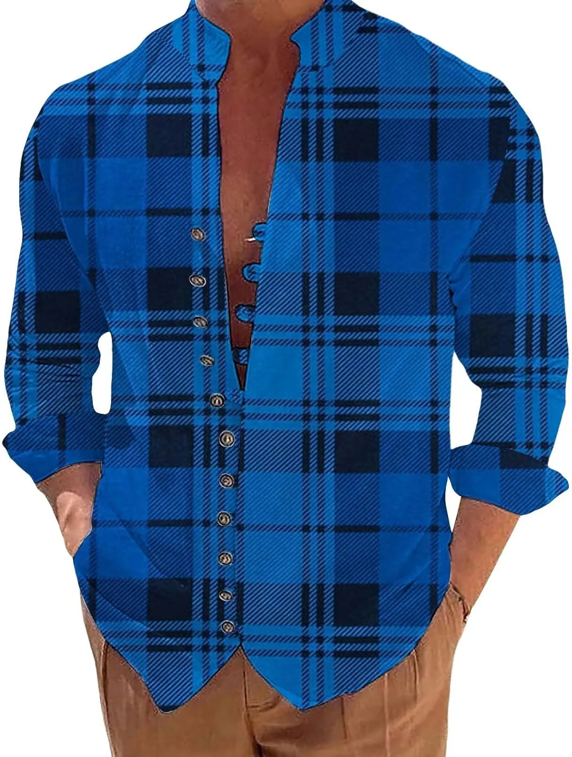 Mens Casual Button Down Shirts Lightweight Flannel Plaid Shirt Jacket Stretch Long Sleeve Checkered Business Shirts