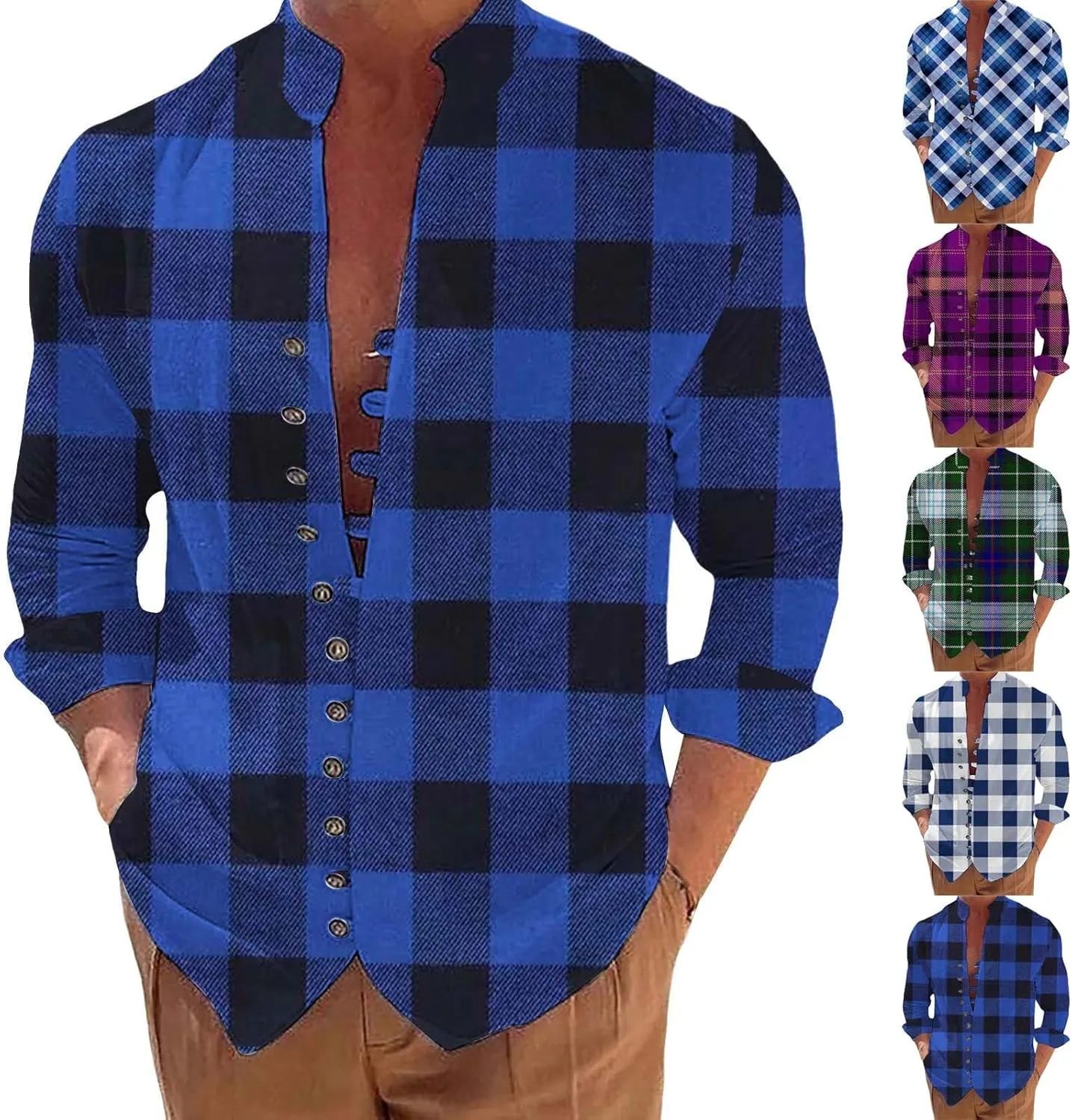 Mens Casual Button Down Shirts Lightweight Flannel Plaid Shirt Jacket Stretch Long Sleeve Checkered Business Shirts