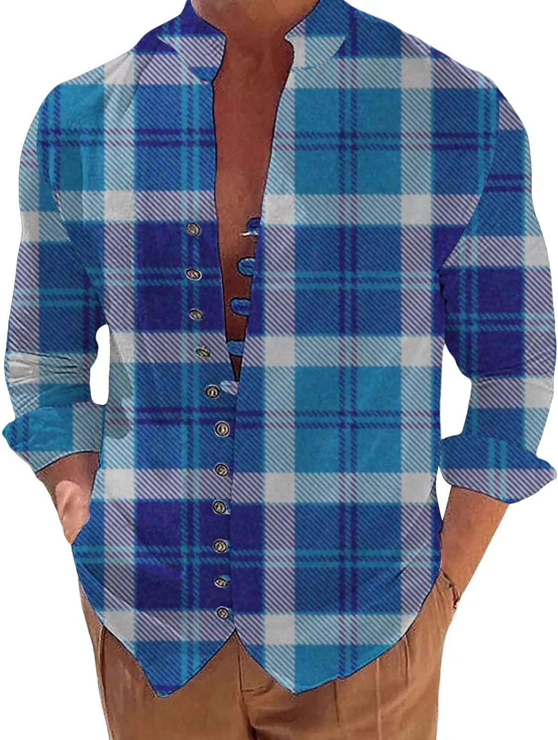 Mens Casual Button Down Shirts Lightweight Flannel Plaid Shirt Jacket Stretch Long Sleeve Checkered Business Shirts