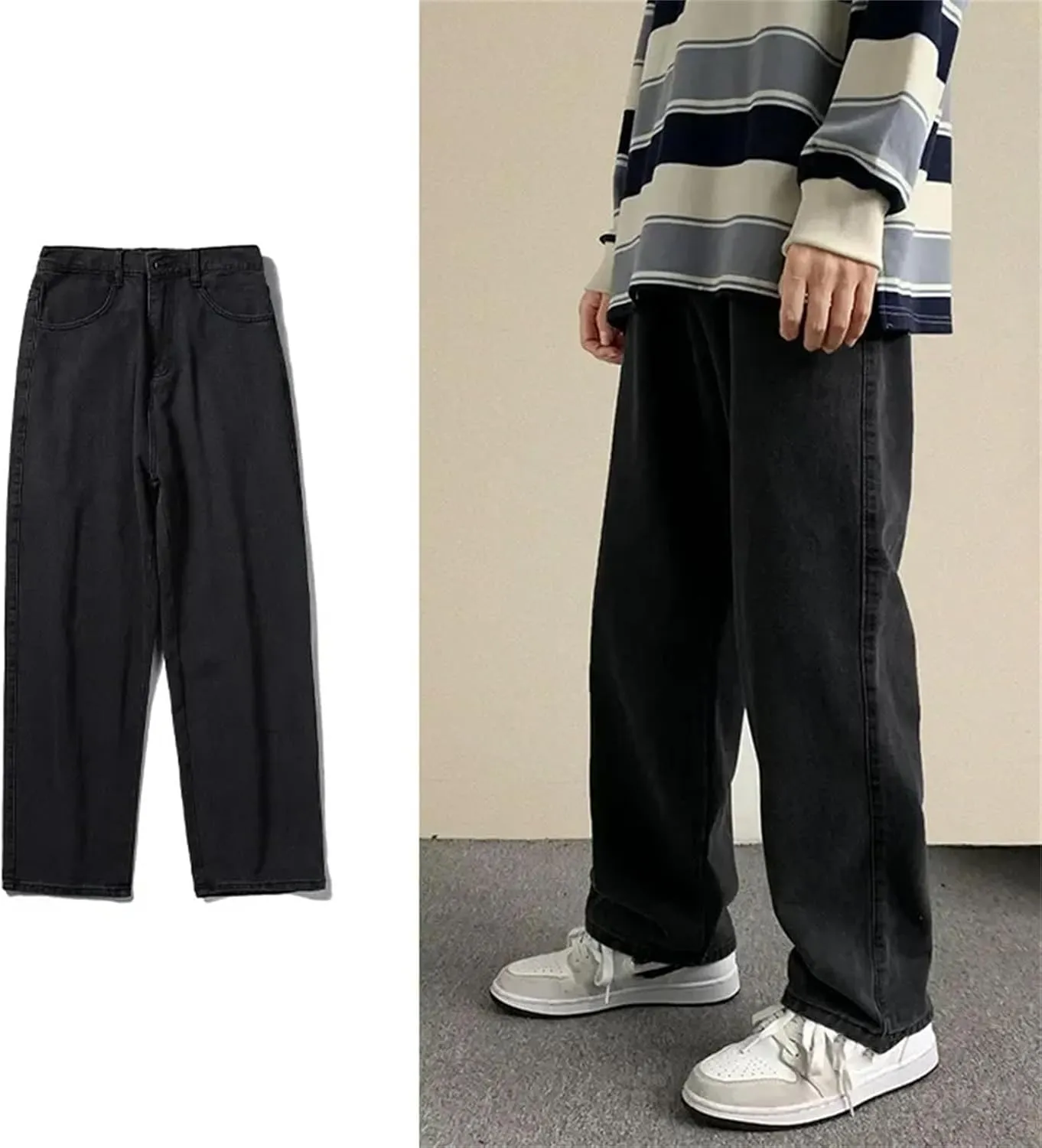 Men's Casual High Waist Baggy Jeans Fashion Loose Straight Wide Leg Jeans with Pockets