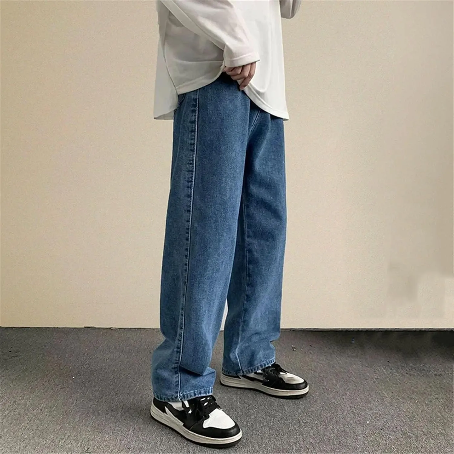 Men's Casual High Waist Baggy Jeans Fashion Loose Straight Wide Leg Jeans with Pockets
