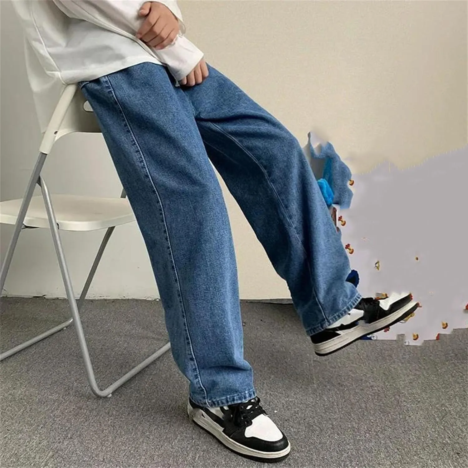 Men's Casual High Waist Baggy Jeans Fashion Loose Straight Wide Leg Jeans with Pockets