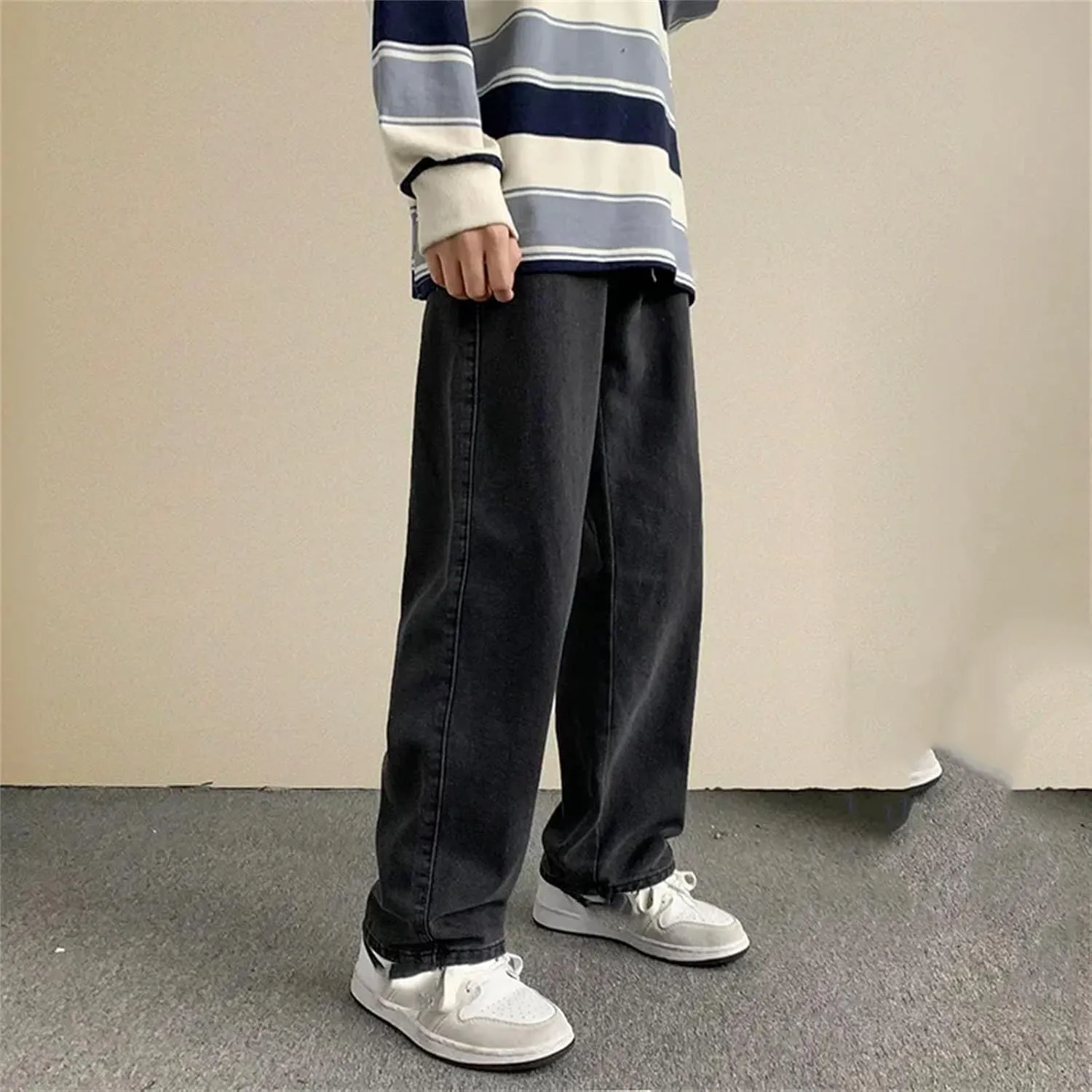 Men's Casual High Waist Baggy Jeans Fashion Loose Straight Wide Leg Jeans with Pockets