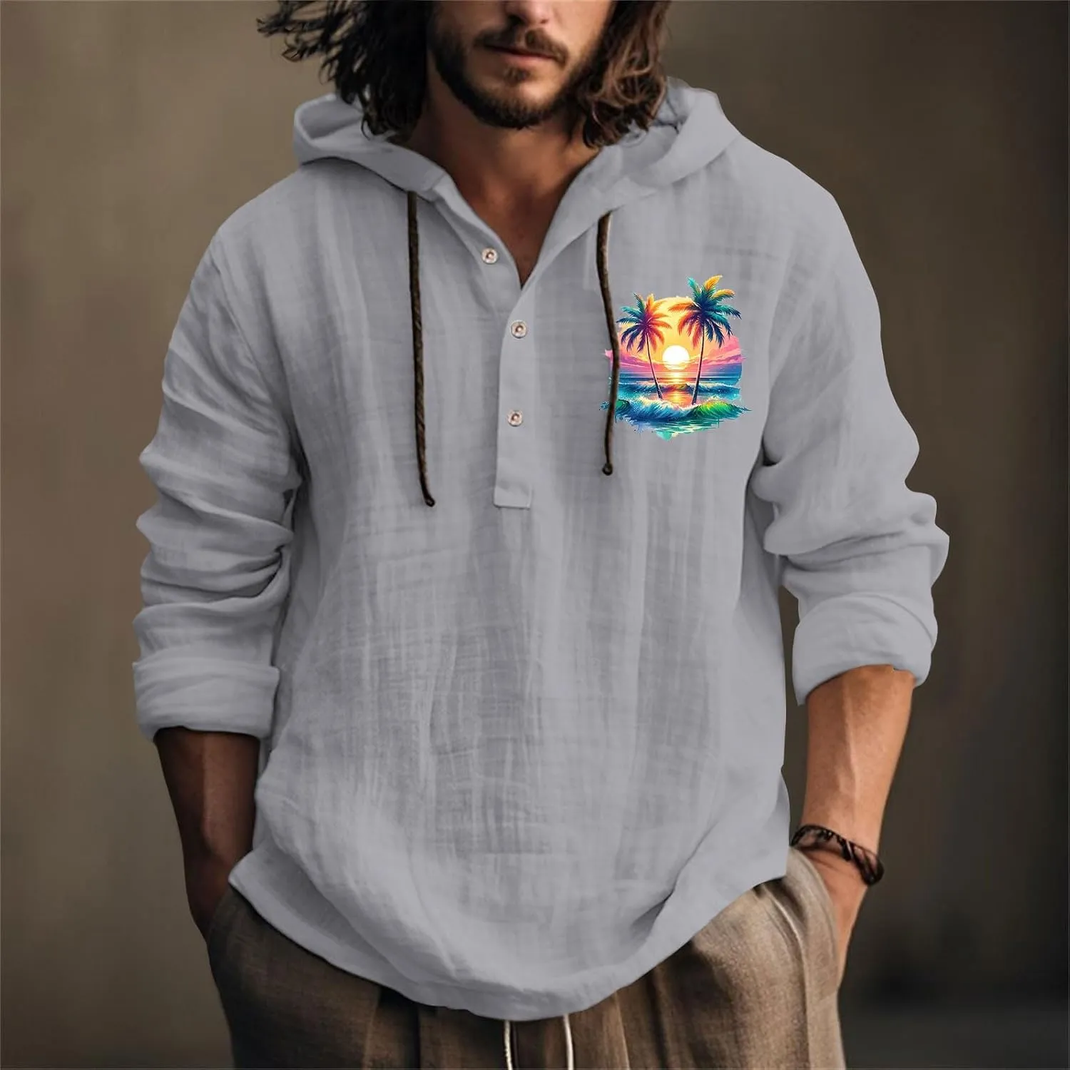 Mens Casual Linen Guayabera Shirts with Hood Knotted Hooded Shirt Sweatshirts Summer Button Up Hawaiian Men's