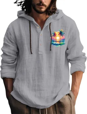 Mens Casual Linen Guayabera Shirts with Hood Knotted Hooded Shirt Sweatshirts Summer Button Up Hawaiian Men's