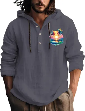 Mens Casual Linen Guayabera Shirts with Hood Knotted Hooded Shirt Sweatshirts Summer Button Up Hawaiian Men's