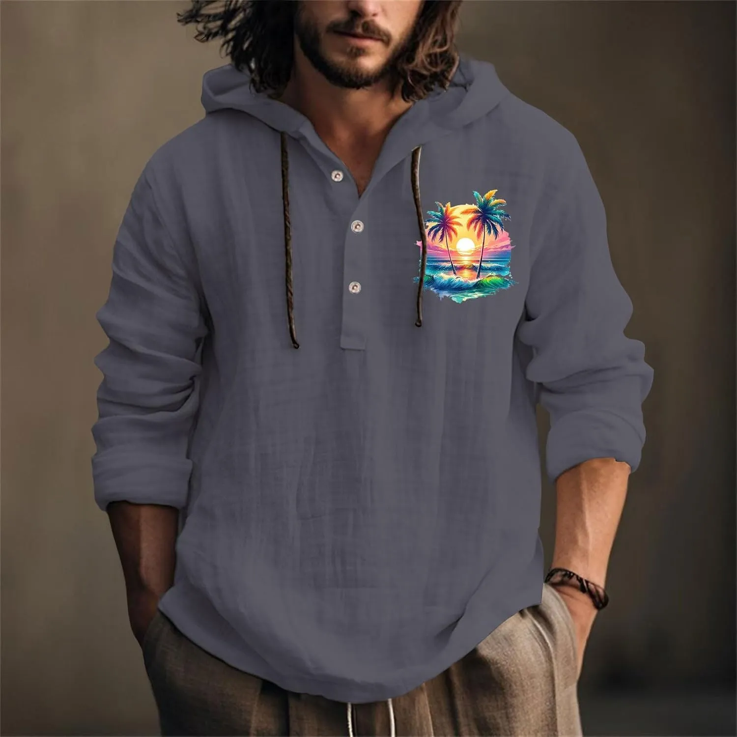 Mens Casual Linen Guayabera Shirts with Hood Knotted Hooded Shirt Sweatshirts Summer Button Up Hawaiian Men's
