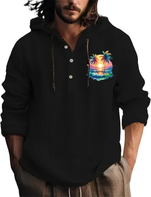 Mens Casual Linen Guayabera Shirts with Hood Knotted Hooded Shirt Sweatshirts Summer Button Up Hawaiian Men's
