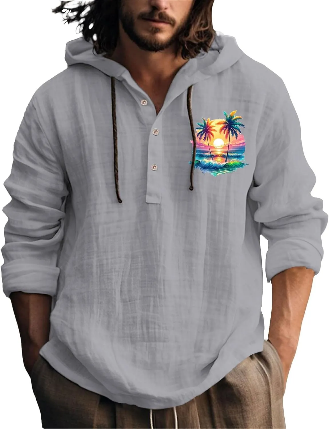 Mens Casual Linen Guayabera Shirts with Hood Knotted Hooded Shirt Sweatshirts Summer Button Up Hawaiian Men's