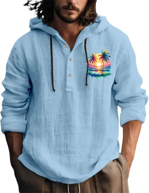 Mens Casual Linen Guayabera Shirts with Hood Knotted Hooded Shirt Sweatshirts Summer Button Up Hawaiian Men's