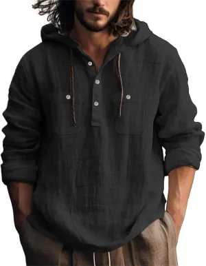 Mens Casual Linen Guayabera Shirts with Hood Knotted Hooded Shirt Sweatshirts Summer Button Up Hawaiian Men's
