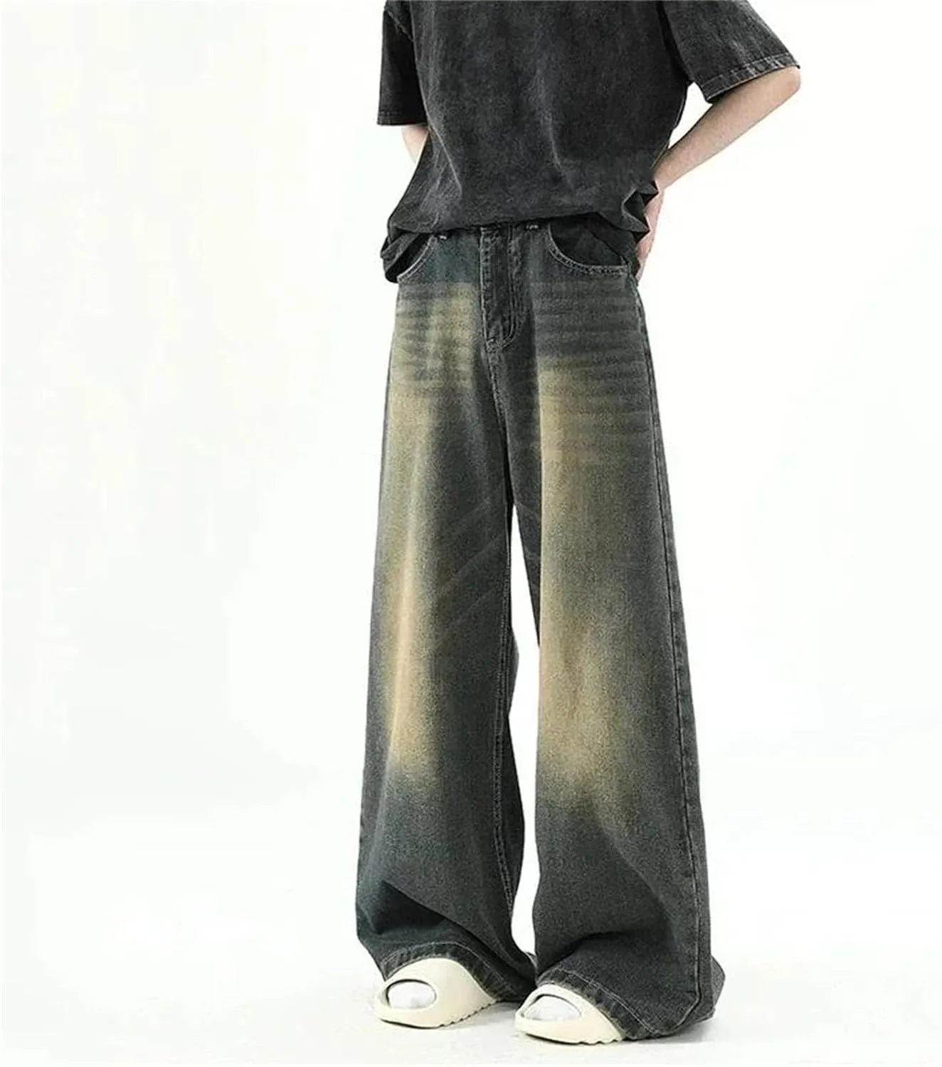 Men's Casual Long High Waist Baggy Denim Fashion Casual Straight Wide Leg Jeans with Pockets