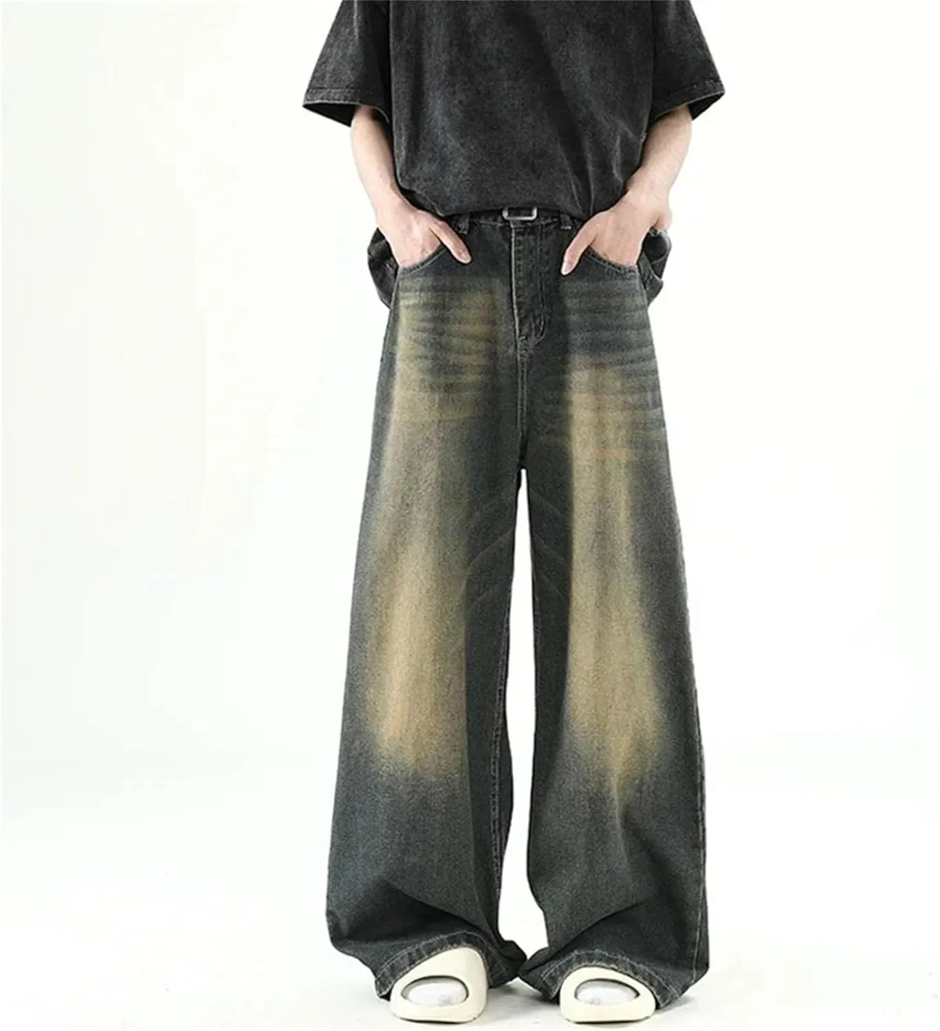 Men's Casual Long High Waist Baggy Denim Fashion Casual Straight Wide Leg Jeans with Pockets
