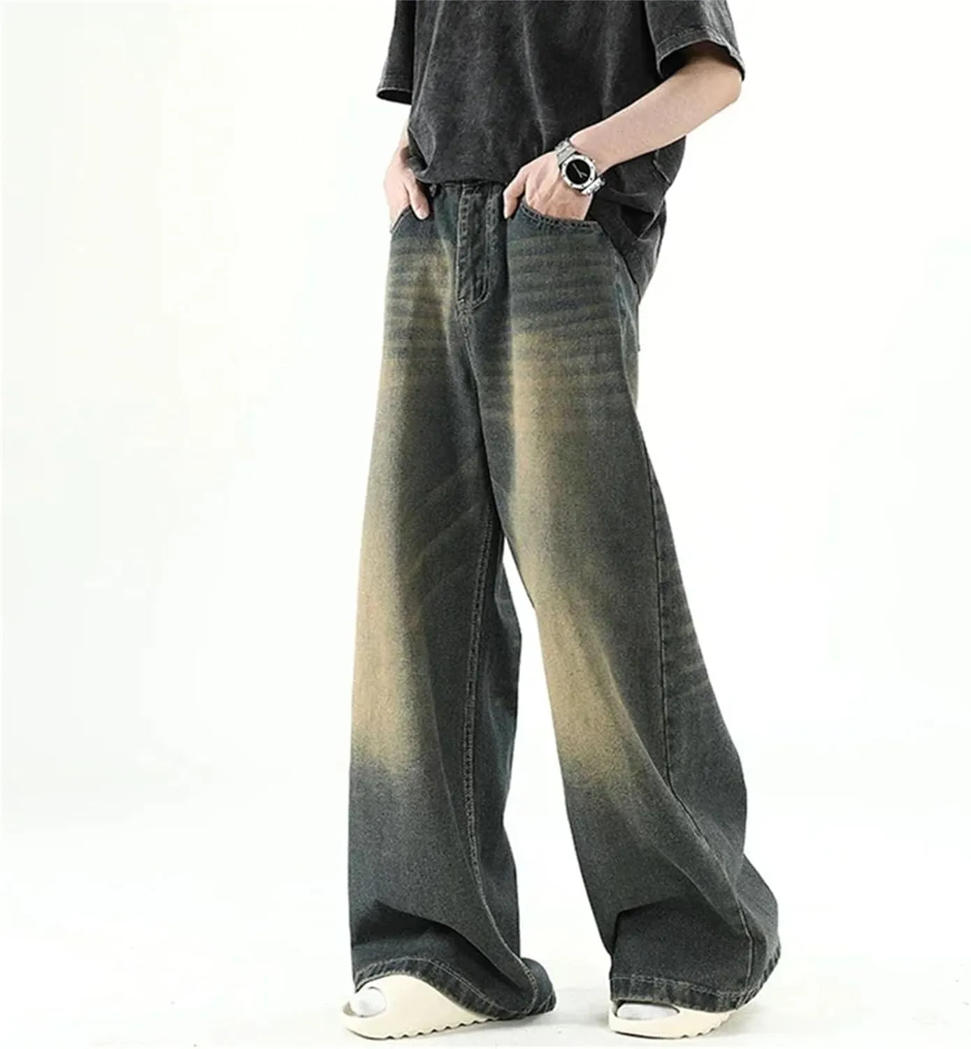 Men's Casual Long High Waist Baggy Denim Fashion Casual Straight Wide Leg Jeans with Pockets