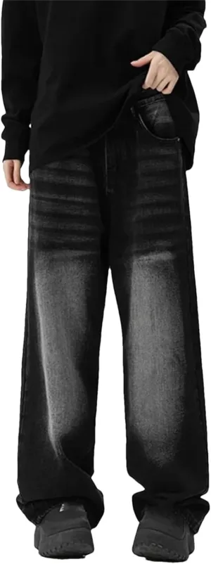 Men's Casual Long High Waist Baggy Denim Fashion Casual Straight Wide Leg Jeans with Pockets
