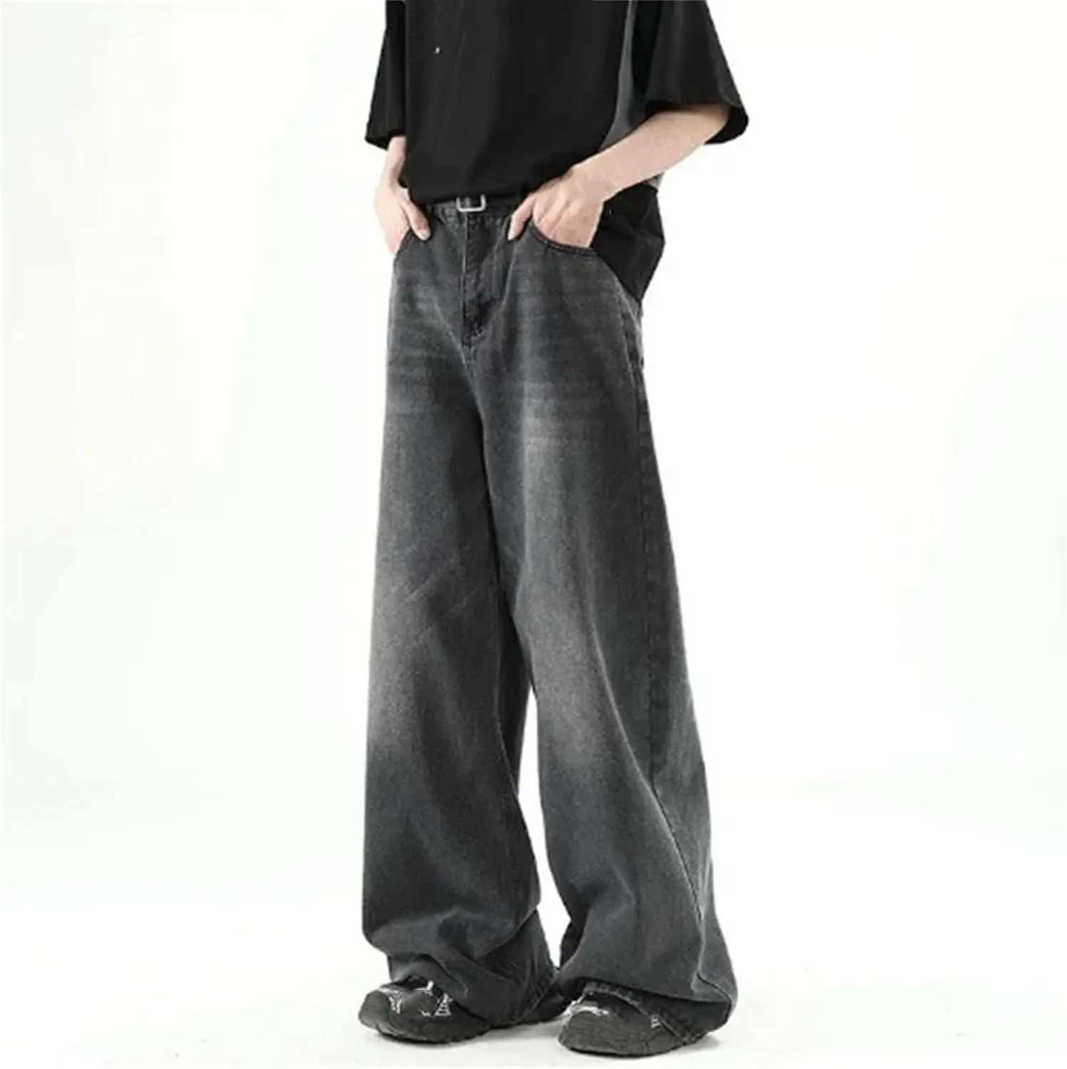 Men's Casual Long High Waist Baggy Denim Fashion Casual Straight Wide Leg Jeans with Pockets