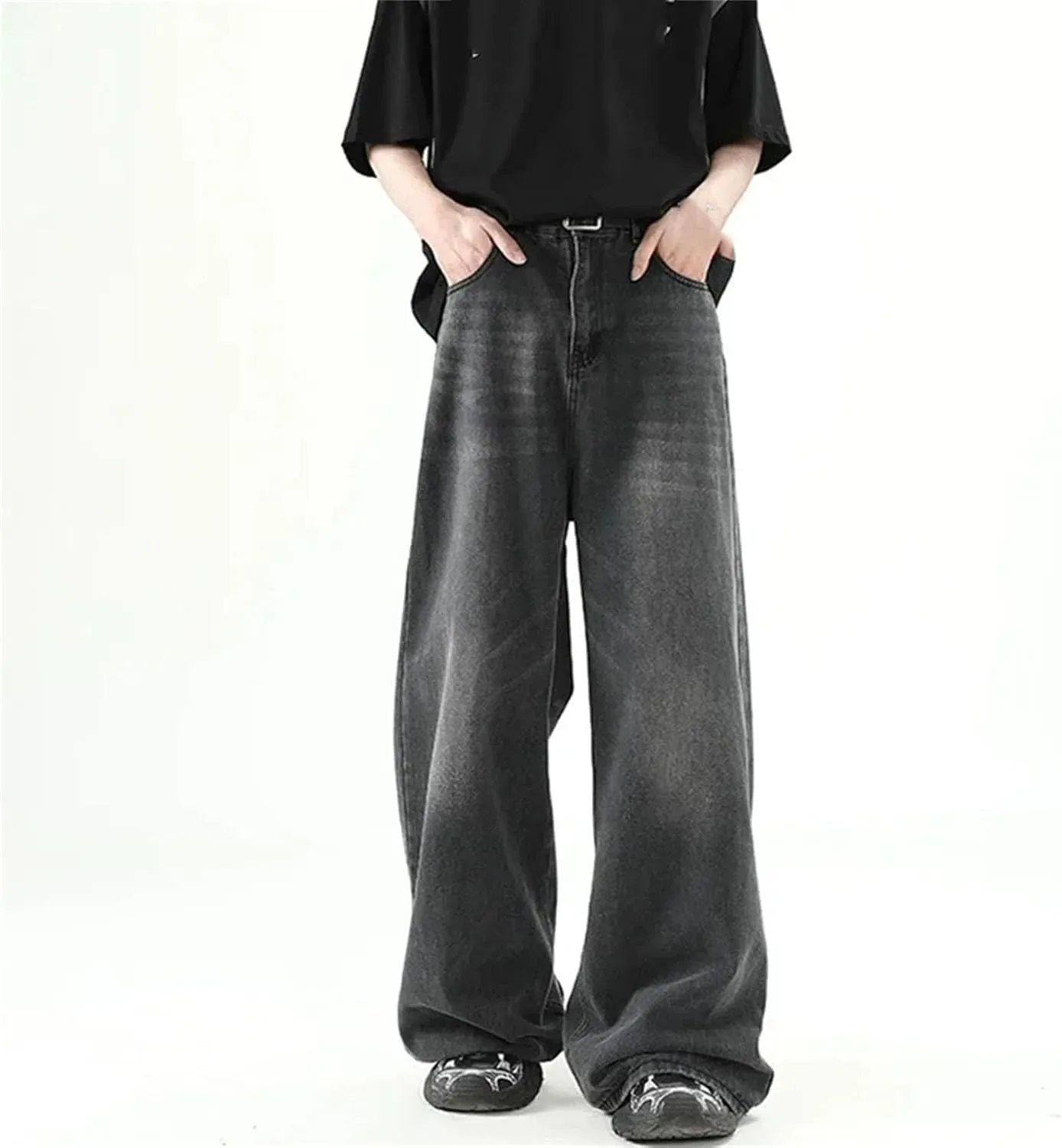 Men's Casual Long High Waist Baggy Denim Fashion Casual Straight Wide Leg Jeans with Pockets