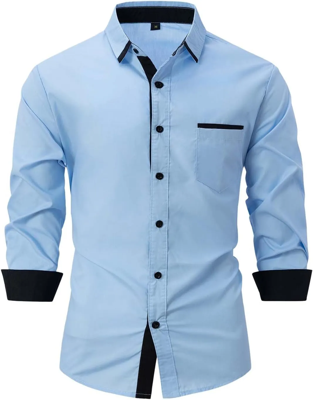 Men's Casual Long Sleeve Stretch Dress Shirt Contrast Inner Collar Wrinkle-Free Regular Button Down Business Shirts