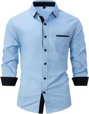 Men's Casual Long Sleeve Stretch Dress Shirt Contrast Inner Collar Wrinkle-Free Regular Button Down Business Shirts