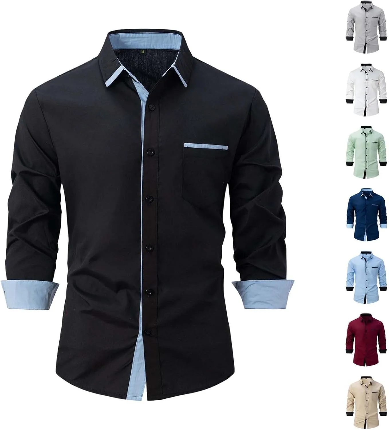 Men's Casual Long Sleeve Stretch Dress Shirt Contrast Inner Collar Wrinkle-Free Regular Button Down Business Shirts