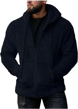 Mens Casual Sherpa Lined Jacket Hoodie Fluffy Fleece Open Front Cardigan Sweater Zip Up Fuzzy Faux Shearling Teddy Coat