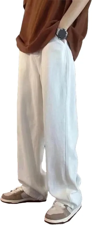 Mens Casual Simple Baggy High Waist Jeans Fashion Straight Wide Leg Denim with Pockets