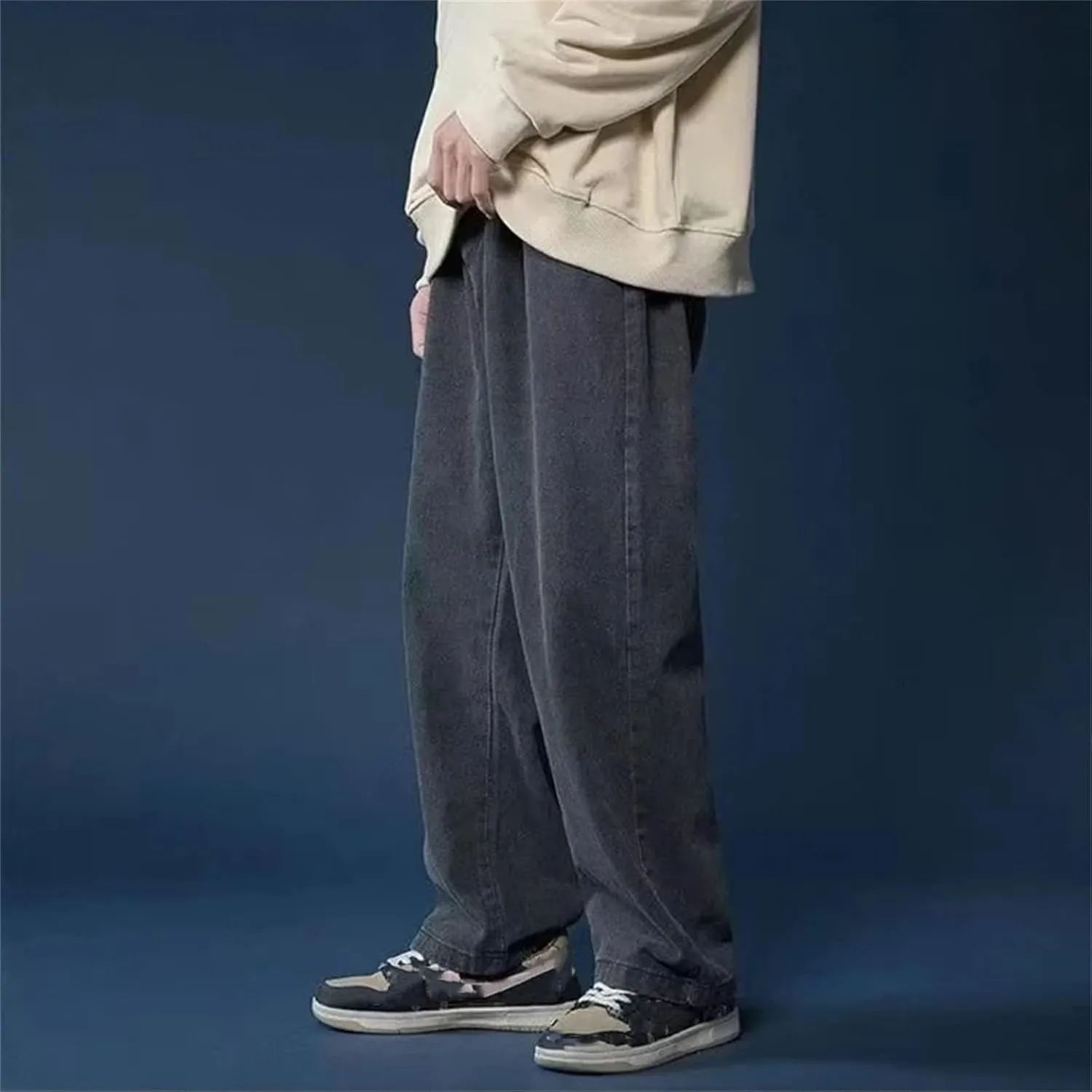 Mens Casual Simple Baggy High Waist Jeans Fashion Straight Wide Leg Denim with Pockets