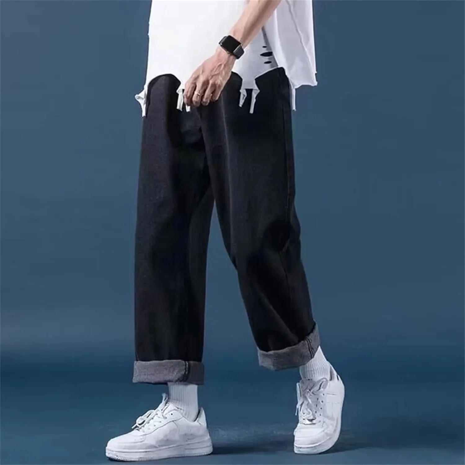 Mens Casual Simple Baggy High Waist Jeans Fashion Straight Wide Leg Denim with Pockets