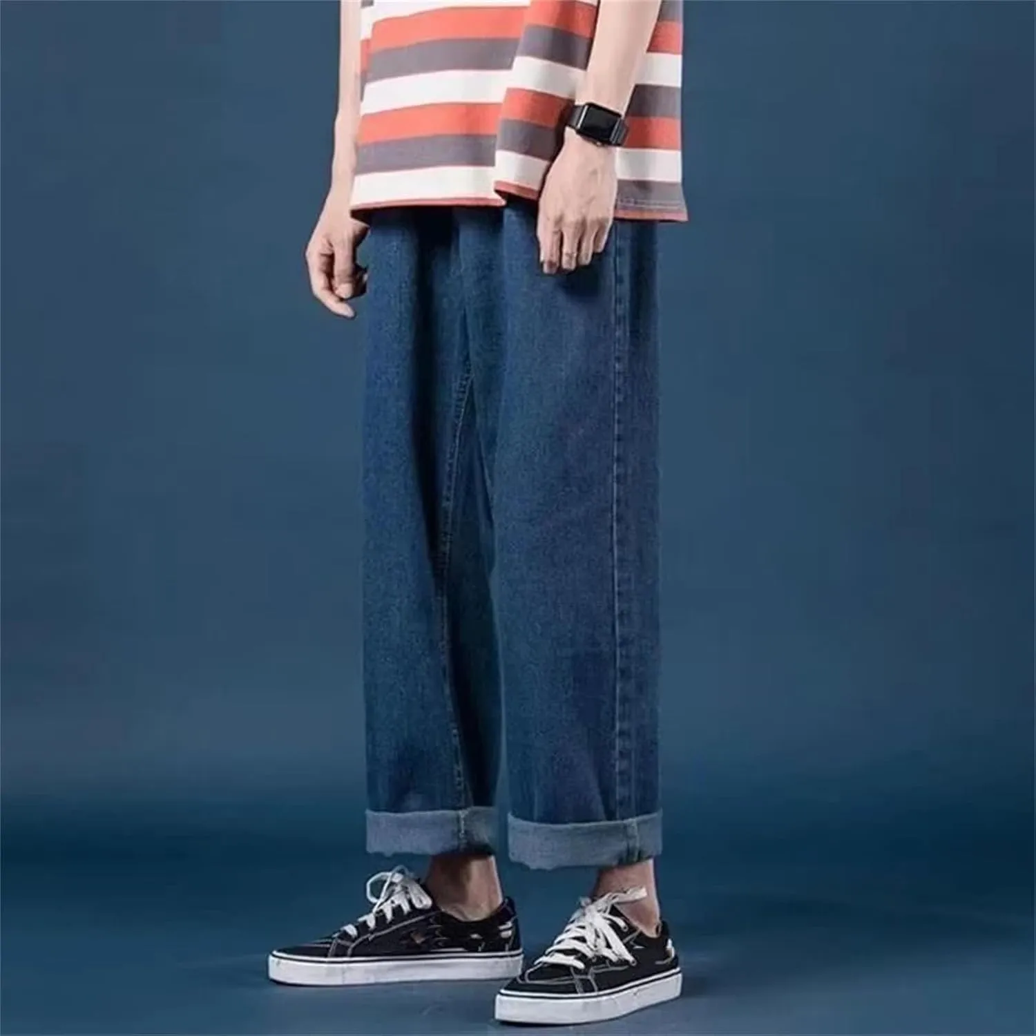 Mens Casual Simple Baggy High Waist Jeans Fashion Straight Wide Leg Denim with Pockets