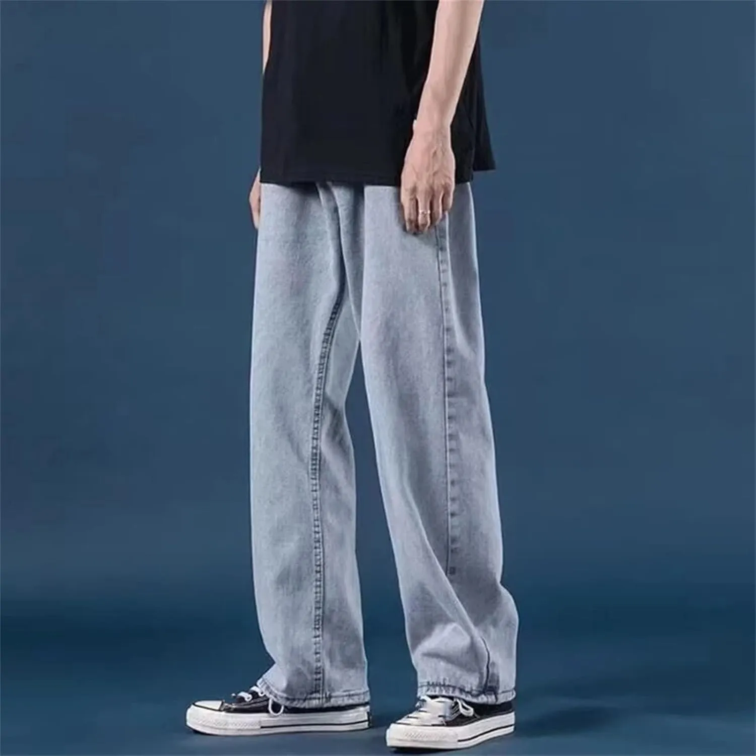 Mens Casual Simple Baggy High Waist Jeans Fashion Straight Wide Leg Denim with Pockets