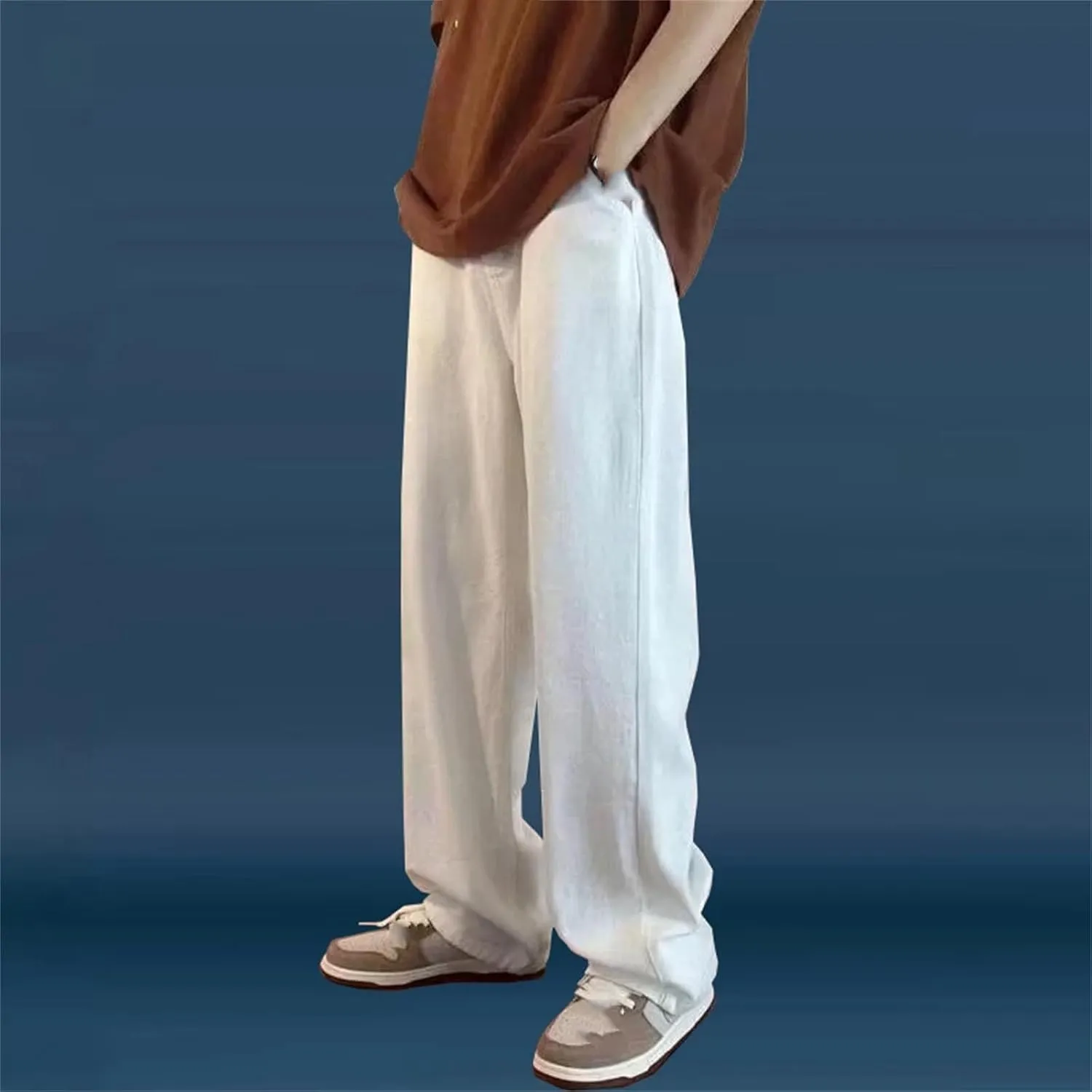Mens Casual Simple Baggy High Waist Jeans Fashion Straight Wide Leg Denim with Pockets