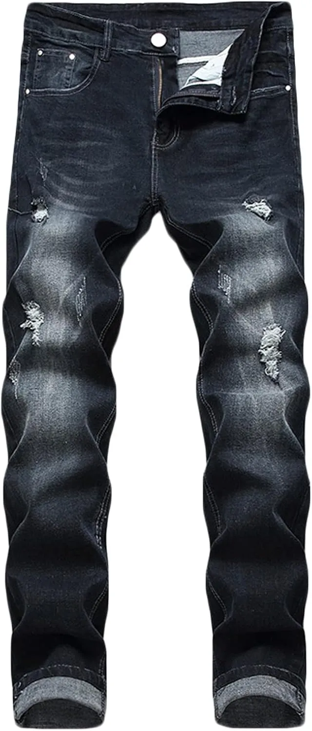 Mens Casual Slim Fit Jeans Stretch Hip Hop Distressed Ripped Skinny Zip Denim Pants Fashion Straight Leg Washed Jean Trousers