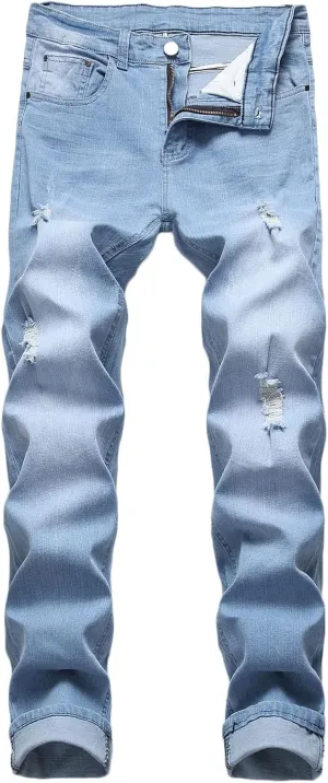 Mens Casual Slim Fit Jeans Stretch Hip Hop Distressed Ripped Skinny Zip Denim Pants Fashion Straight Leg Washed Jean Trousers