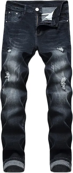 Mens Casual Slim Fit Jeans Stretch Hip Hop Distressed Ripped Skinny Zip Denim Pants Fashion Straight Leg Washed Jean Trousers