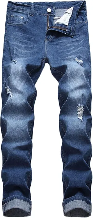 Mens Casual Slim Fit Jeans Stretch Hip Hop Distressed Ripped Skinny Zip Denim Pants Fashion Straight Leg Washed Jean Trousers