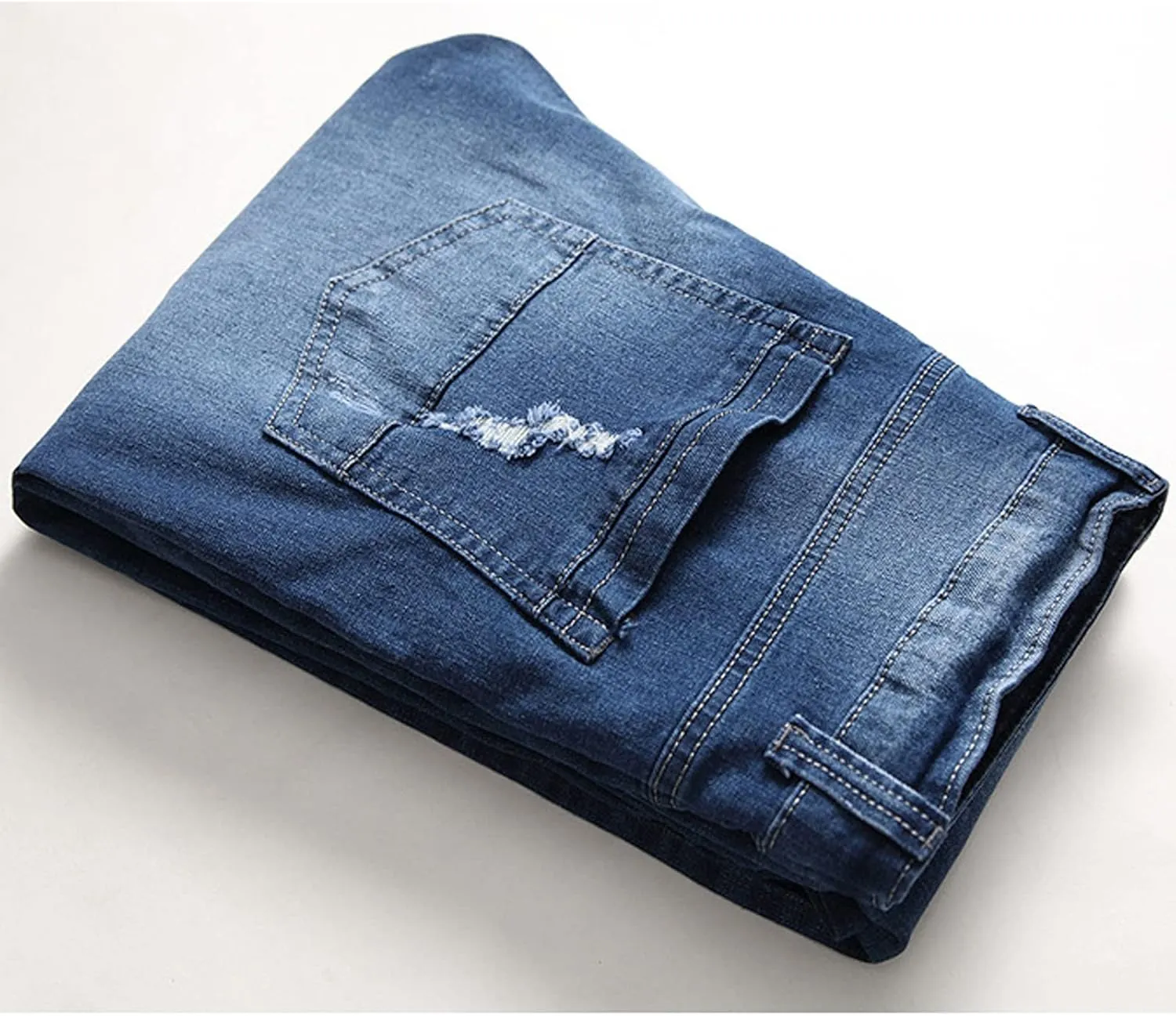 Mens Casual Slim Fit Jeans Stretch Hip Hop Distressed Ripped Skinny Zip Denim Pants Fashion Straight Leg Washed Jean Trousers