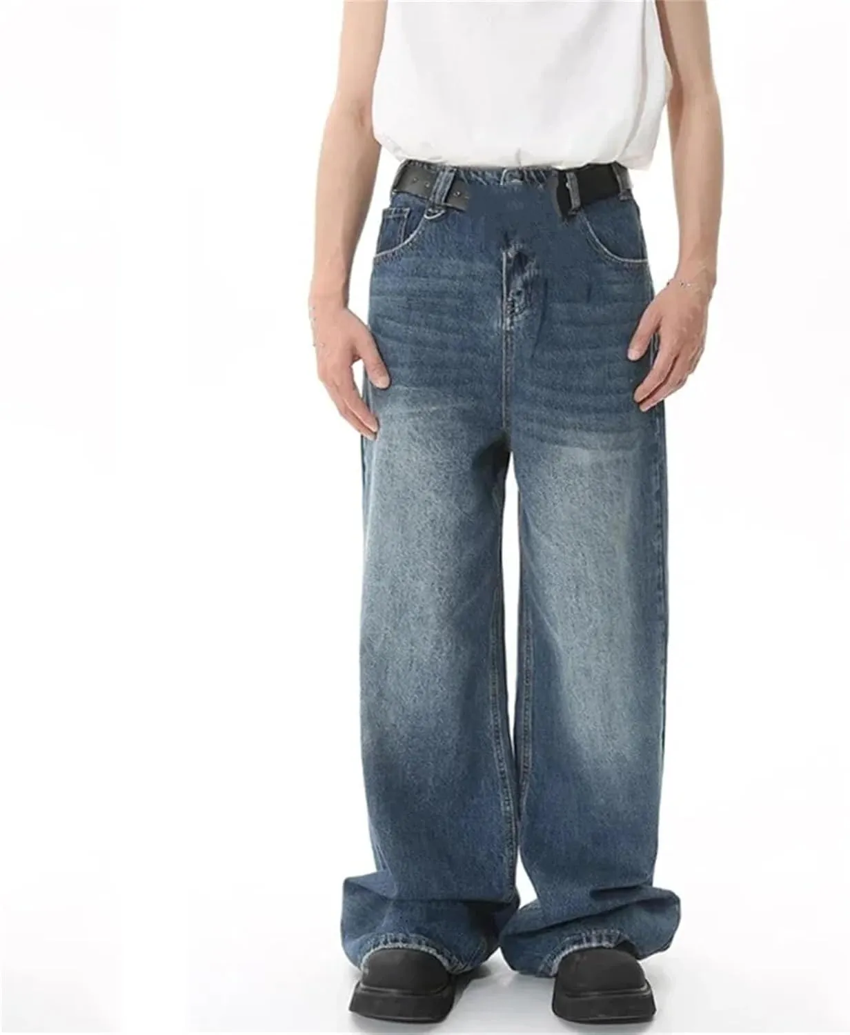 Men's Casual Solid Color High Waist Baggy Jeans Fashion Wash Straight Wide Leg Denim