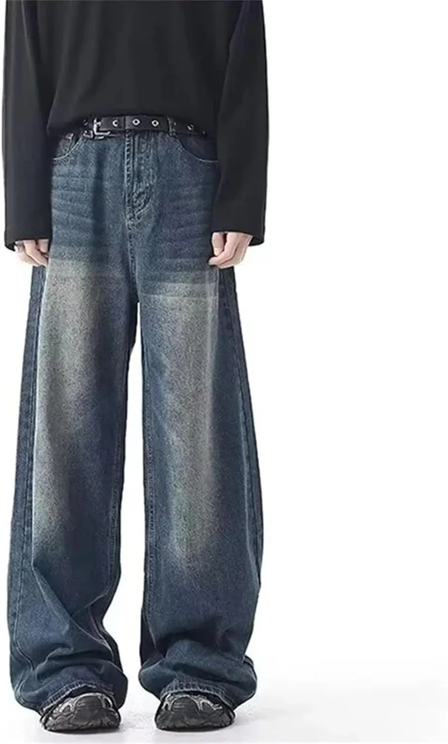 Men's Casual Solid Color High Waist Baggy Jeans Fashion Wash Straight Wide Leg Denim