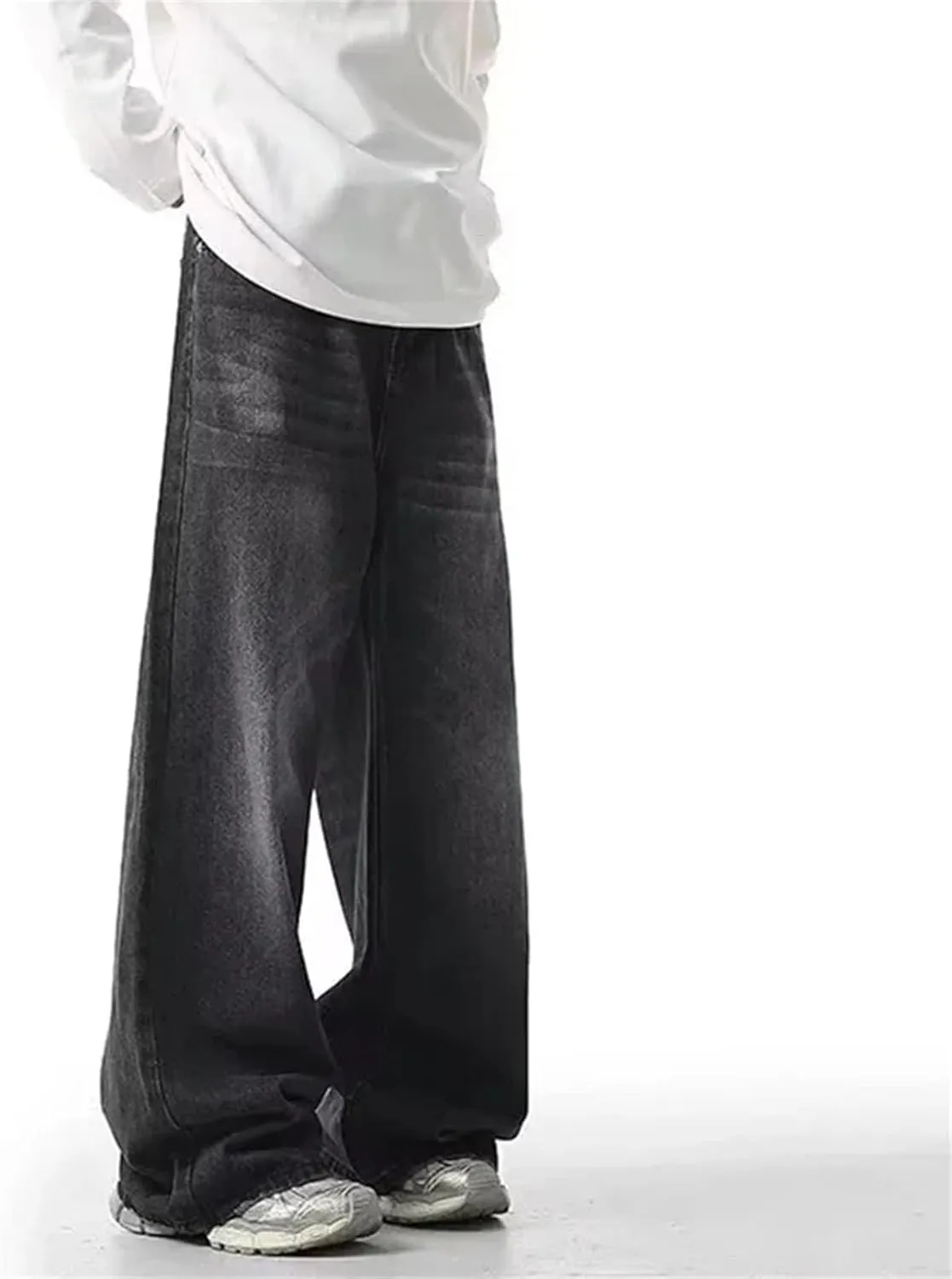 Men's Casual Solid Color High Waist Baggy Jeans Fashion Wash Straight Wide Leg Denim
