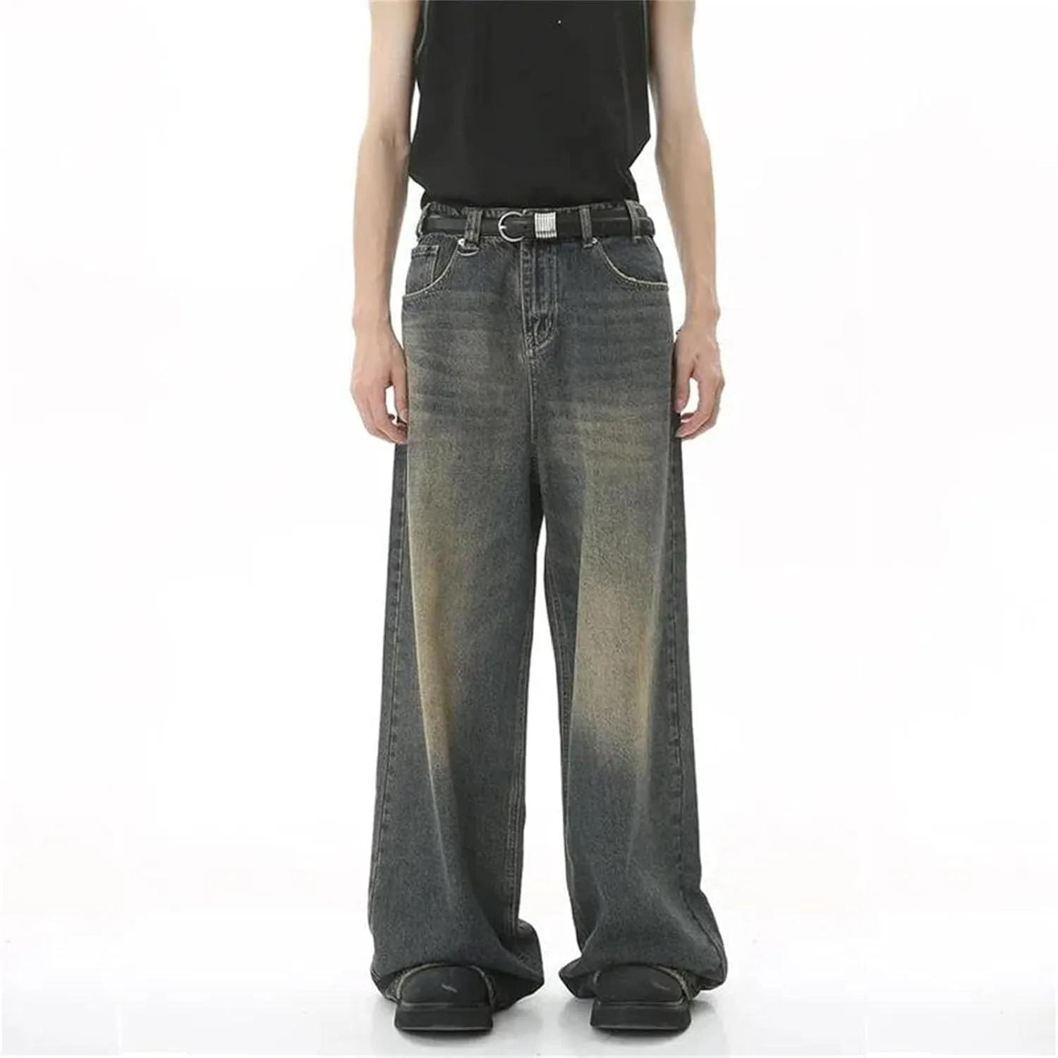 Men's Casual Solid Color High Waist Baggy Jeans Fashion Wash Straight Wide Leg Denim