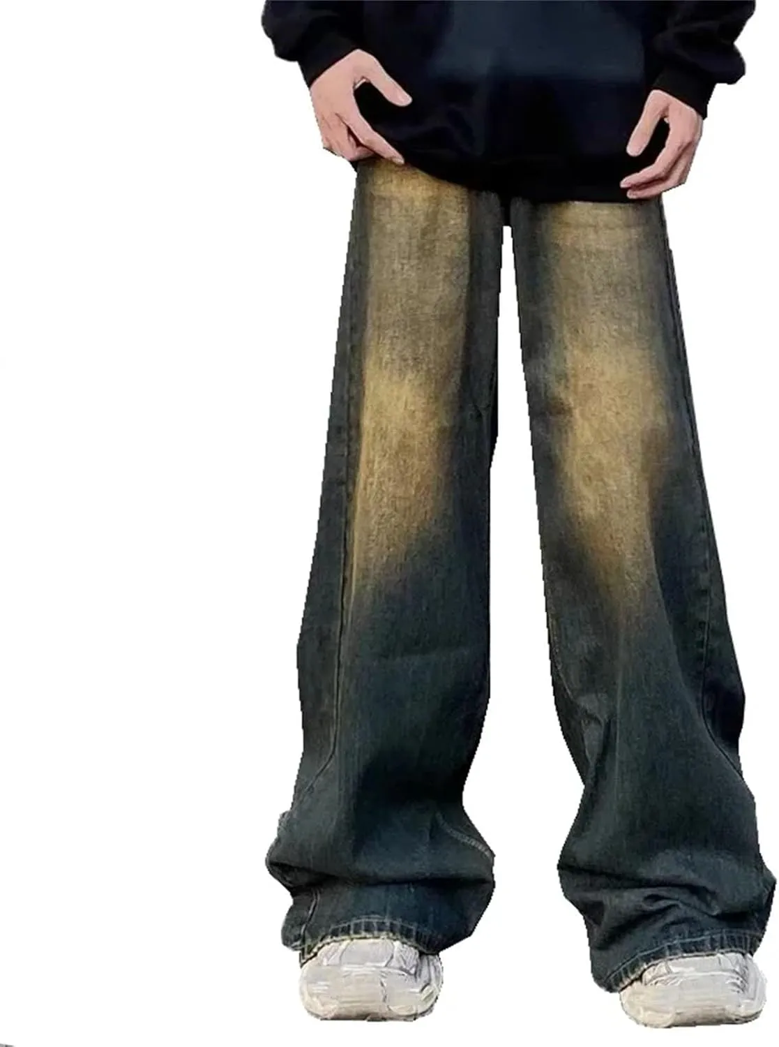 Men's Casual Solid Color High Waist Baggy Jeans Fashion Wash Straight Wide Leg Denim