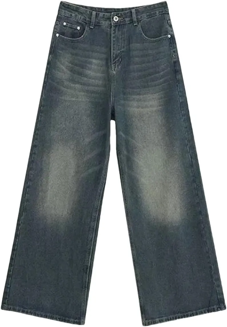 Men's Casual Wash Straight Wide Leg Jeans Fashion Loose High Waist Jeans with Pockets