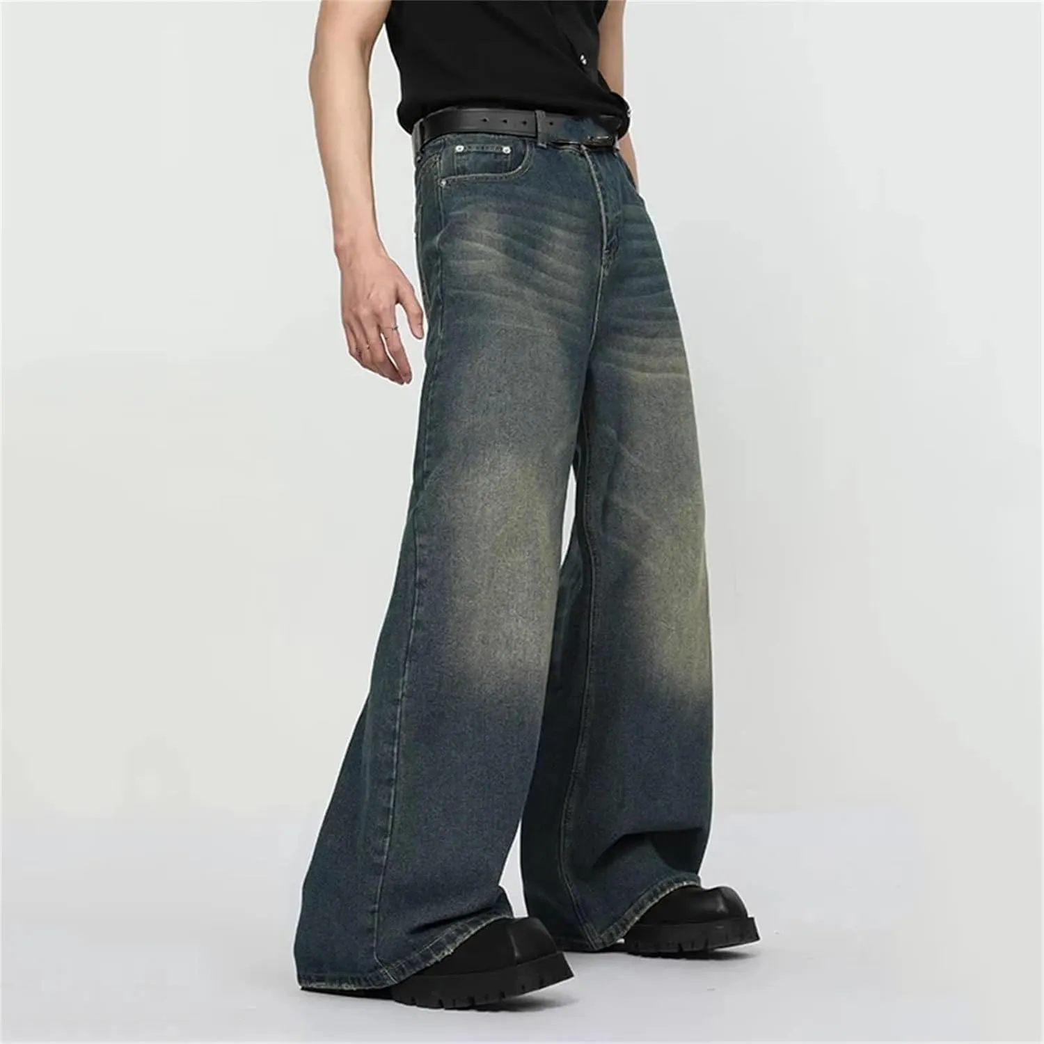 Men's Casual Wash Straight Wide Leg Jeans Fashion Loose High Waist Jeans with Pockets