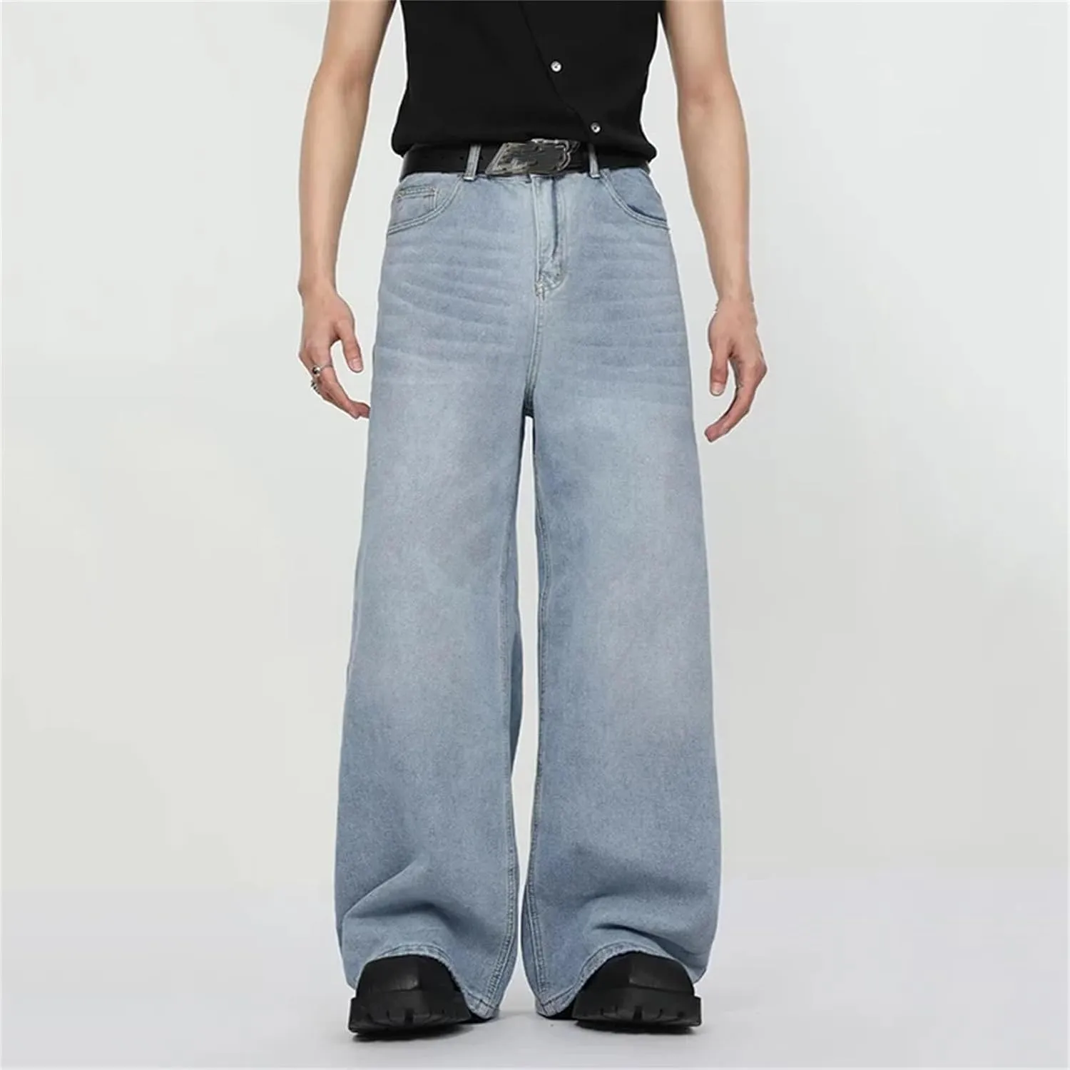Men's Casual Wash Straight Wide Leg Jeans Fashion Loose High Waist Jeans with Pockets