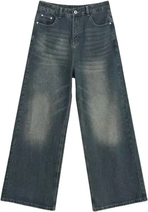 Men's Casual Wash Straight Wide Leg Jeans Fashion Loose High Waist Jeans with Pockets
