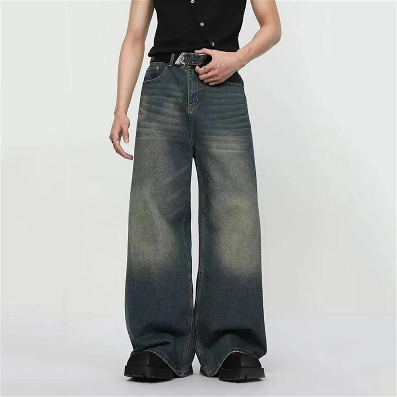 Men's Casual Wash Straight Wide Leg Jeans Fashion Loose High Waist Jeans with Pockets