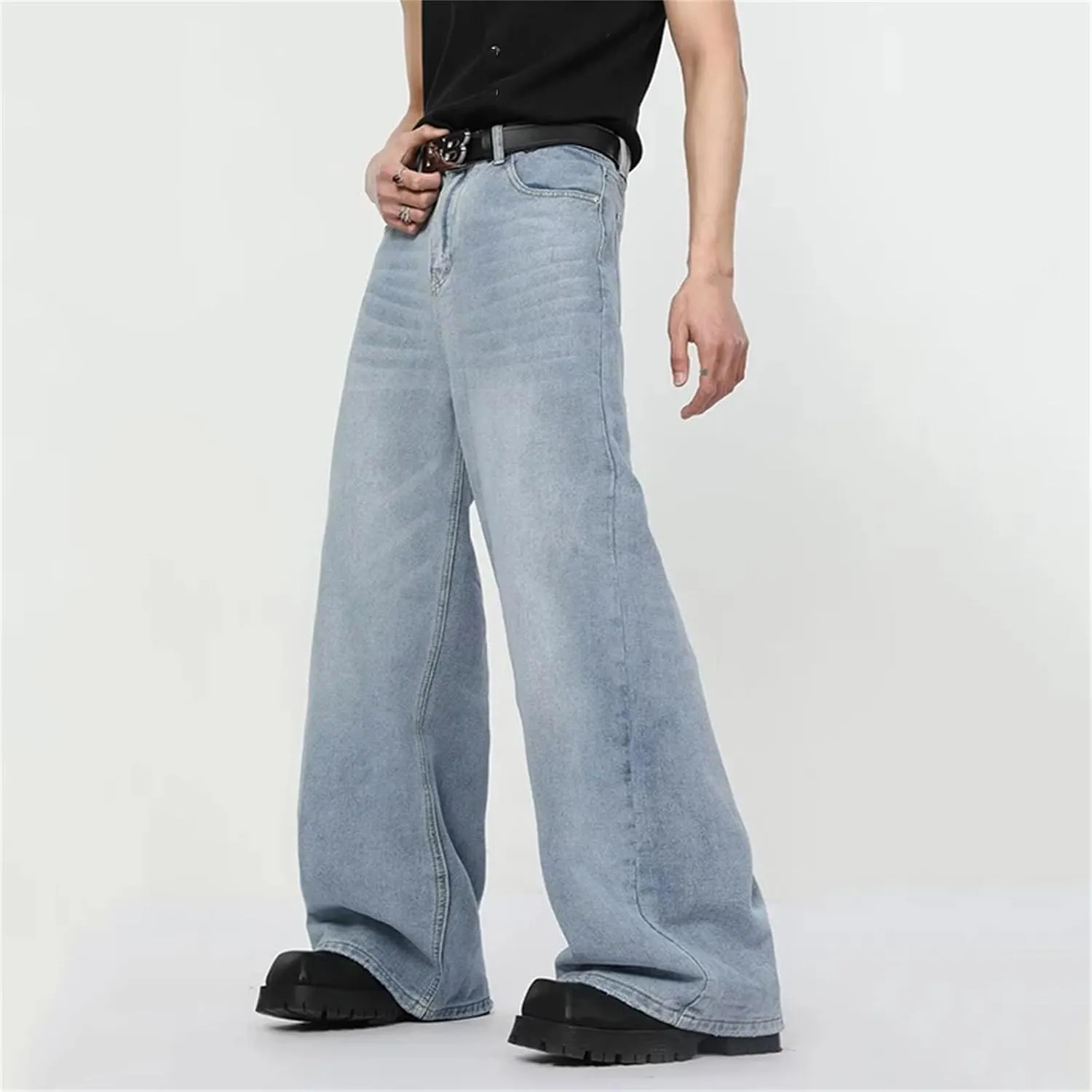 Men's Casual Wash Straight Wide Leg Jeans Fashion Loose High Waist Jeans with Pockets
