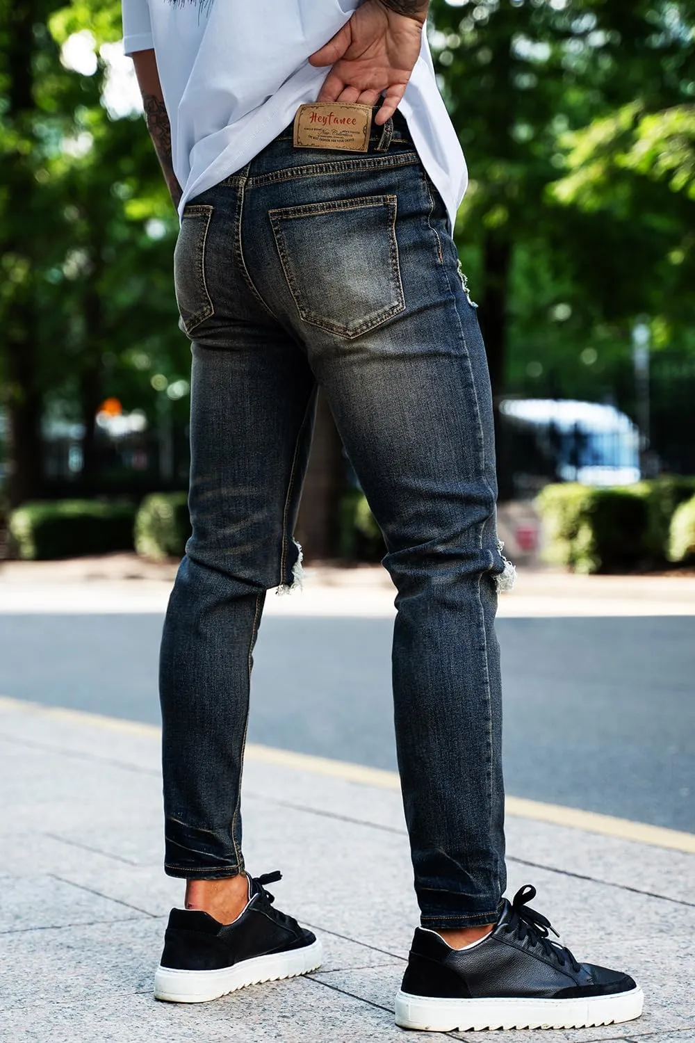 Men's Classic Slim Fit Stretchy Jeans for Men Skinny Flex Denim Pants Ripped Designer